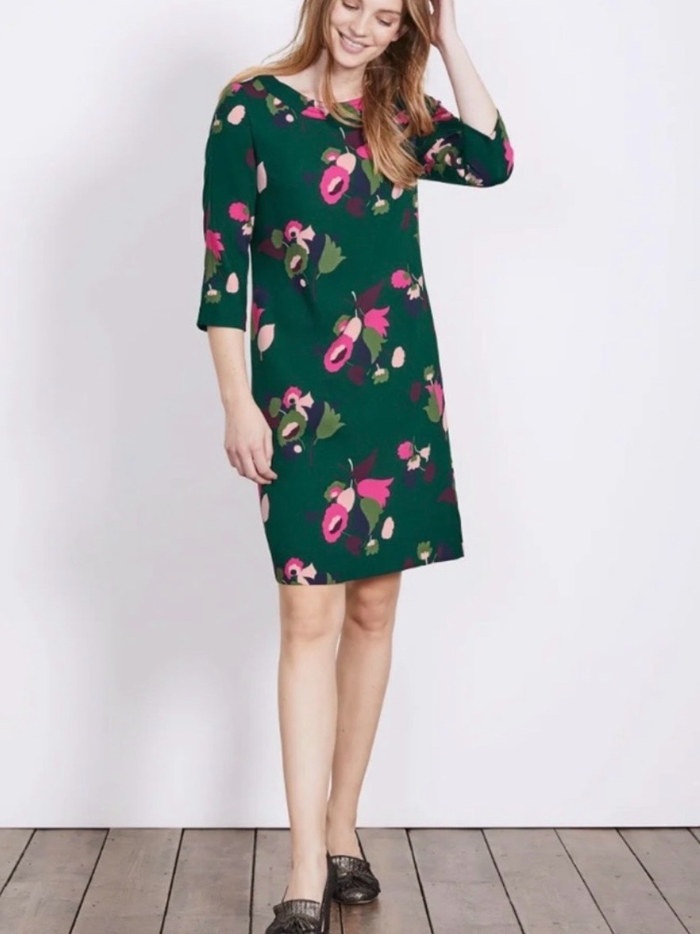 BODEN Alda Shift Dress in Heathland Posy Green/Pink Retro Mod UK 8R / US 4R